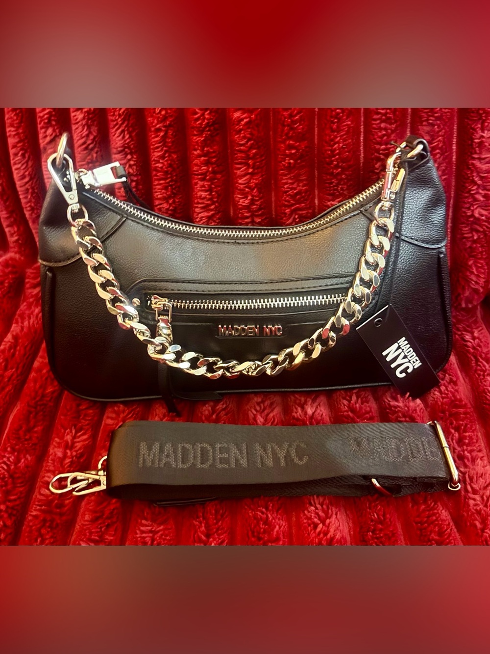 Madden NYC Black Shoulder Bag with Chain Accent